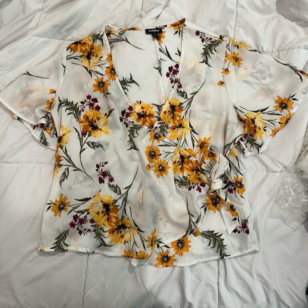 Express Floral Wrap Blouse - White and Yellow